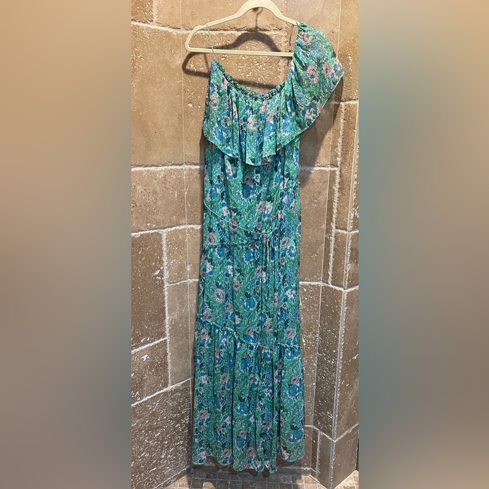 Mango Green Floral One-Shoulder Ruffle Maxi Dress